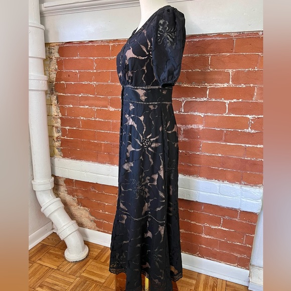 Anthropologie Ophelia Midi Dress Black Lace Puff Sleeve V Neck Button Front - Picture 6 of 16
